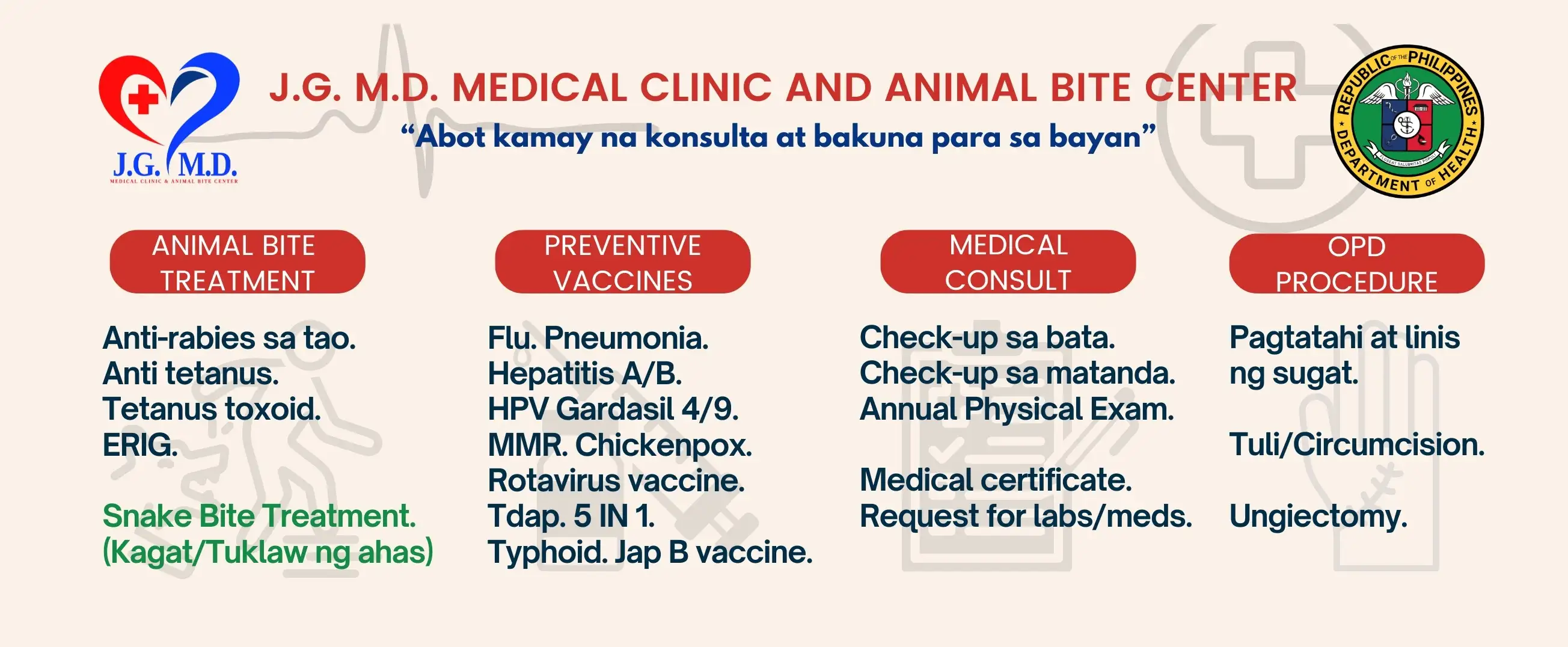 JG MD Medical Clinic and Animal Bite Center Banner